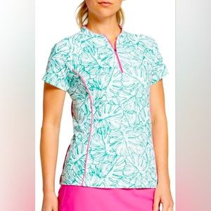NWT Lady Hagen Small Tropic Linear Palm SS Polo Golf Shirt NEW